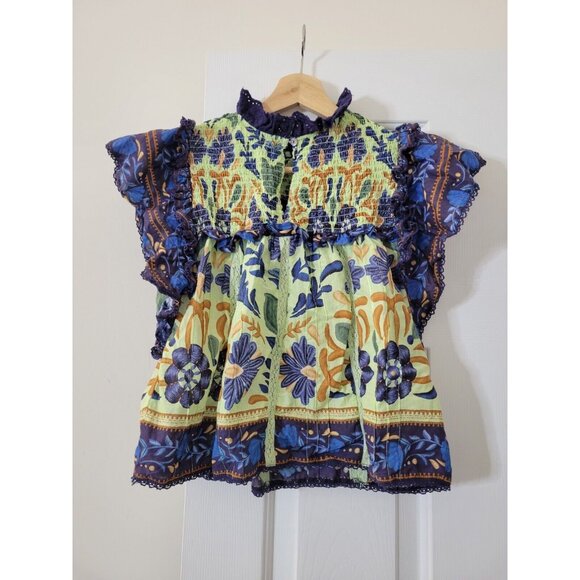 Farm Rio Ocean Tapestry Green Sleeveless Blouse XS - Picture 9 of 12